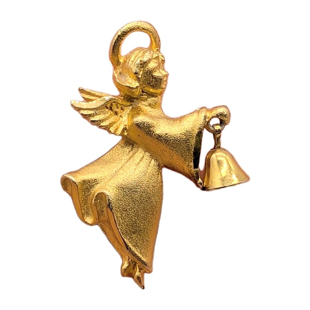 Vtg Gold Tone Angel With Bell Brooch Pin Signed Robin Rush USA